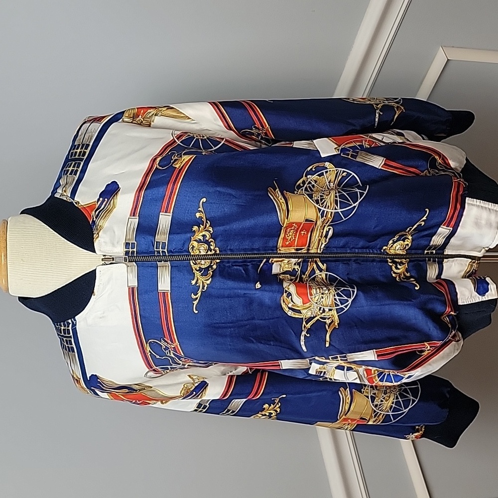STAGECOACH Print Old Money Reversible Navy Blue Satin Zip Preppy Bomber Jacket‎